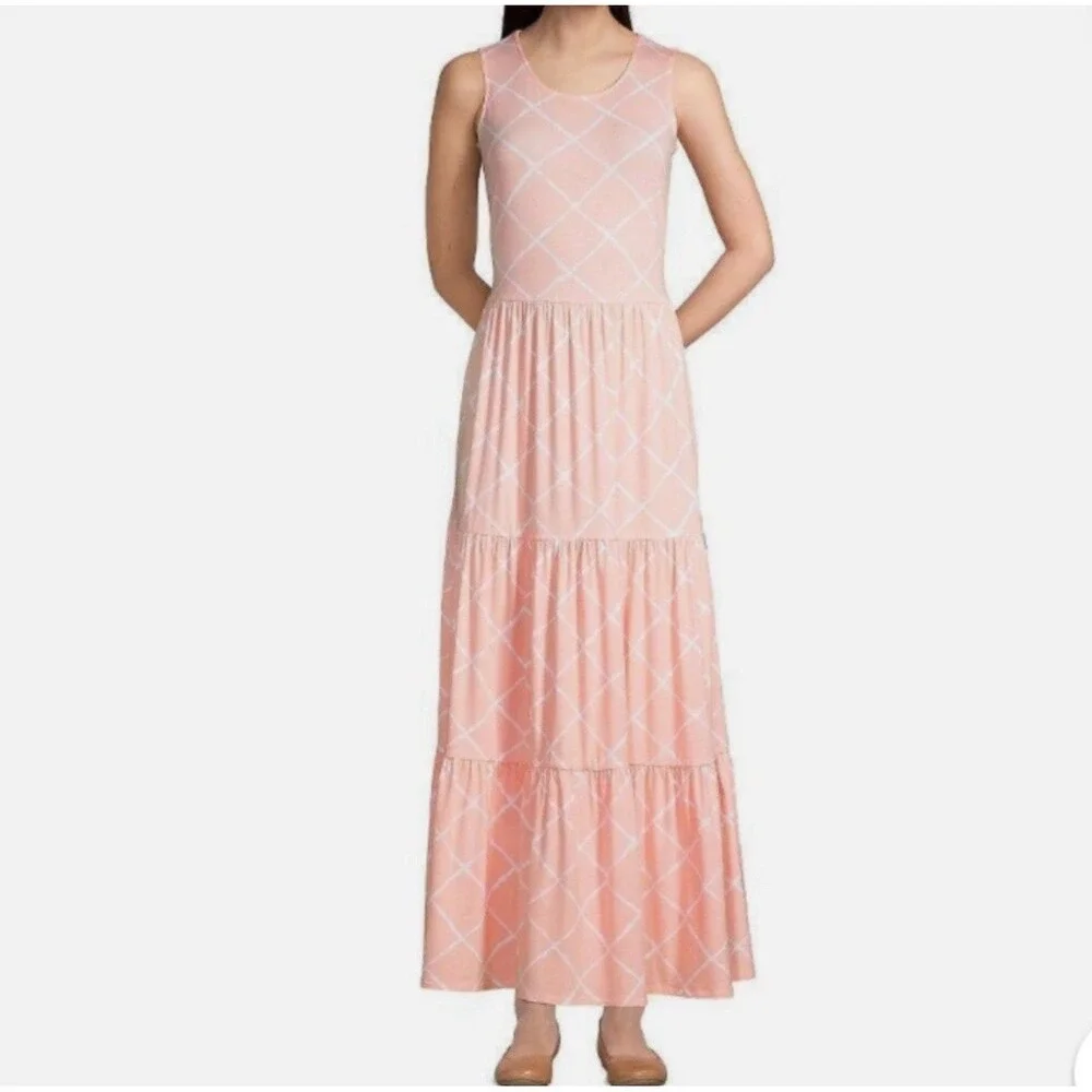Lands' End Sleeveless Maxi Tiered Dress Peach Cotton Jersey Knit Beach Sz Medium